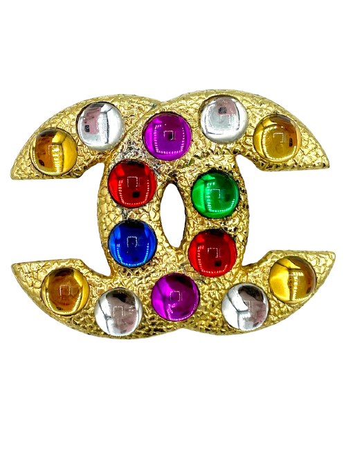 CHANEL CC Brooch in Gilt Metal and Multicolor Cabochon