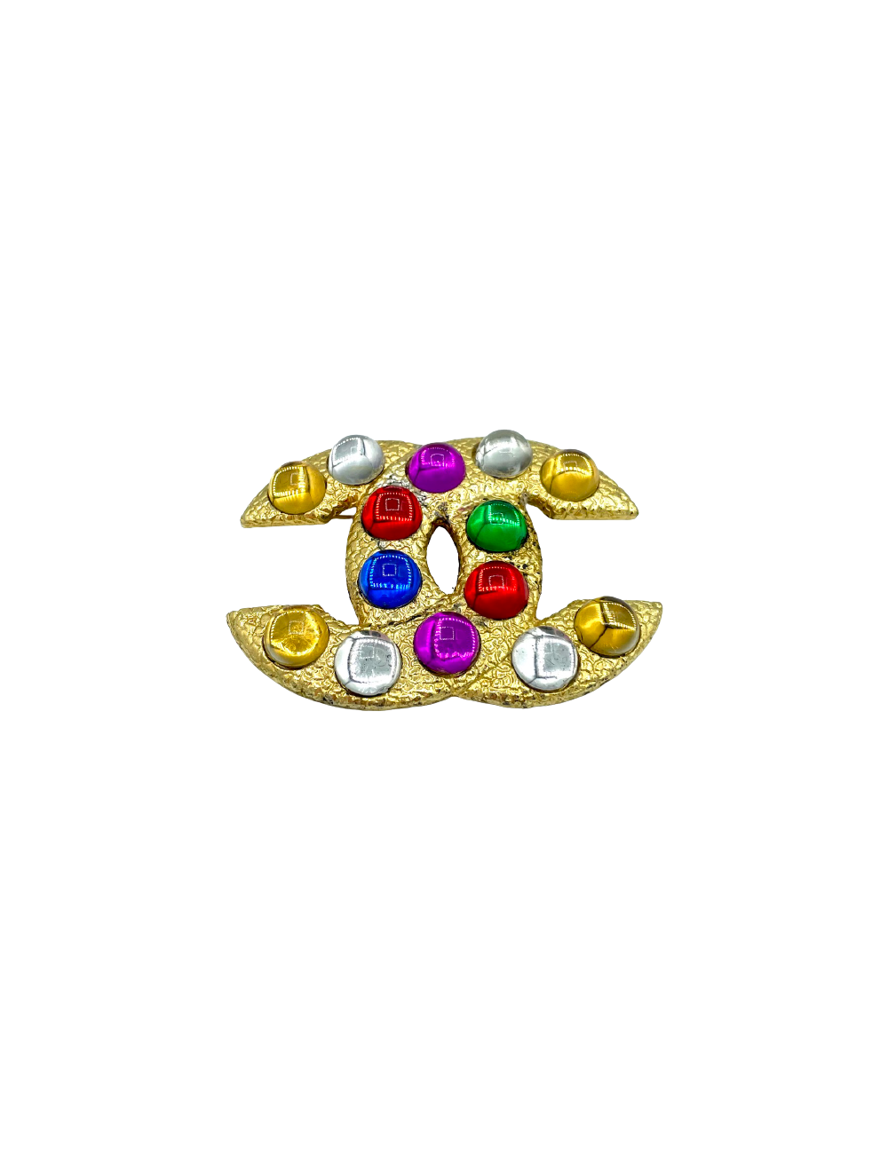CHANEL CC Brooch in Gilt Metal and Multicolor Cabochon
