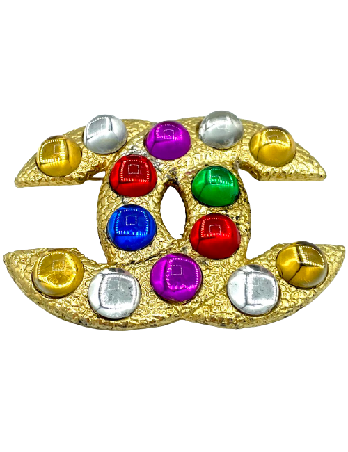 CHANEL CC Brooch in Gilt Metal and Multicolor Cabochon