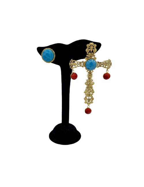Clips croix pendantes MARGUERITE DE VALOIS turquoise corall