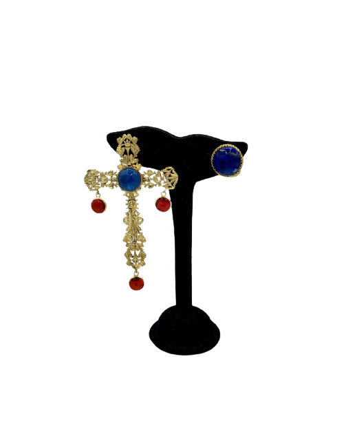 Clous croix pendantes MARGUERITE DE VALOIS saphir et rubis
