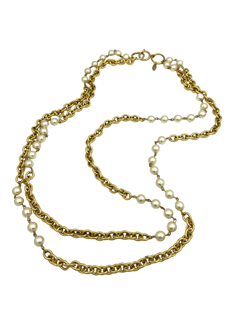 Sautoir CHANEL chaîne dorée et perles nacrées Vintage