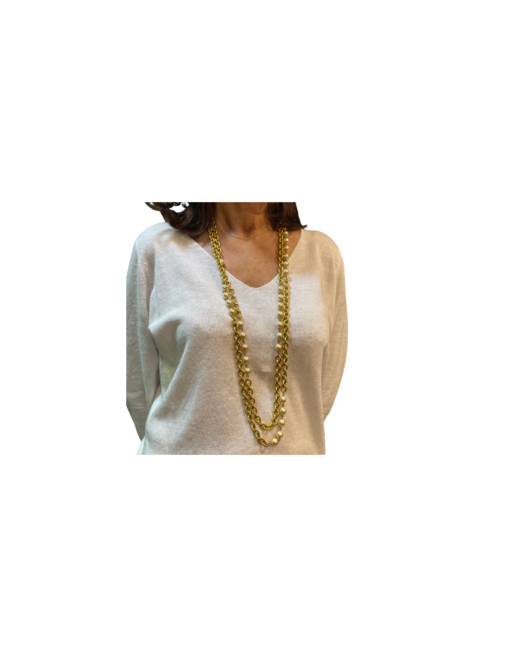 Sautoir CHANEL chaîne dorée et perles nacrées Vintage