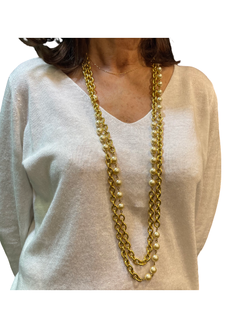 Sautoir CHANEL chaîne dorée et perles nacrées Vintage