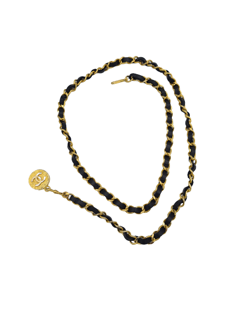 Ceinture CHANEL chaine dorée et cuir noir Vintage