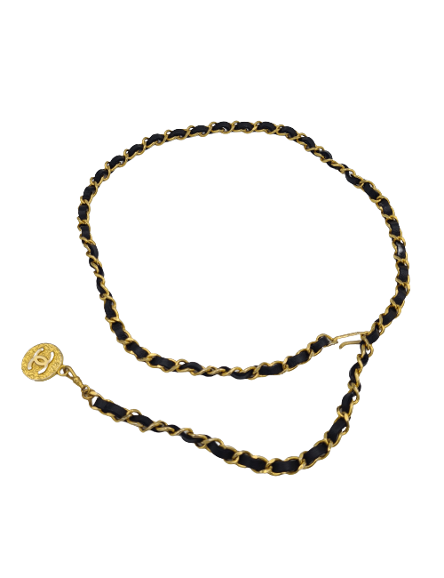 Ceinture CHANEL chaine dorée et cuir noir Vintage