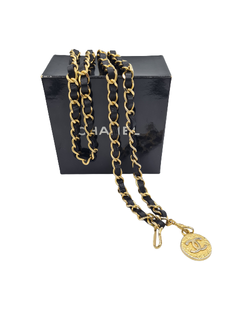 Ceinture CHANEL chaine dorée et cuir noir Vintage