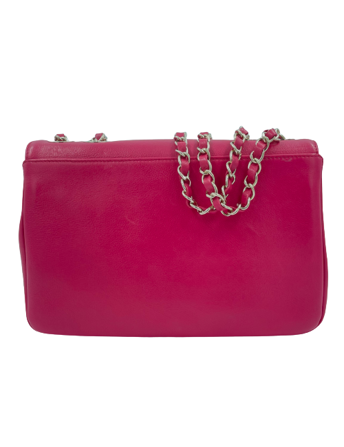 Sac CHANEL carré en cuir rose fushia liseré en python