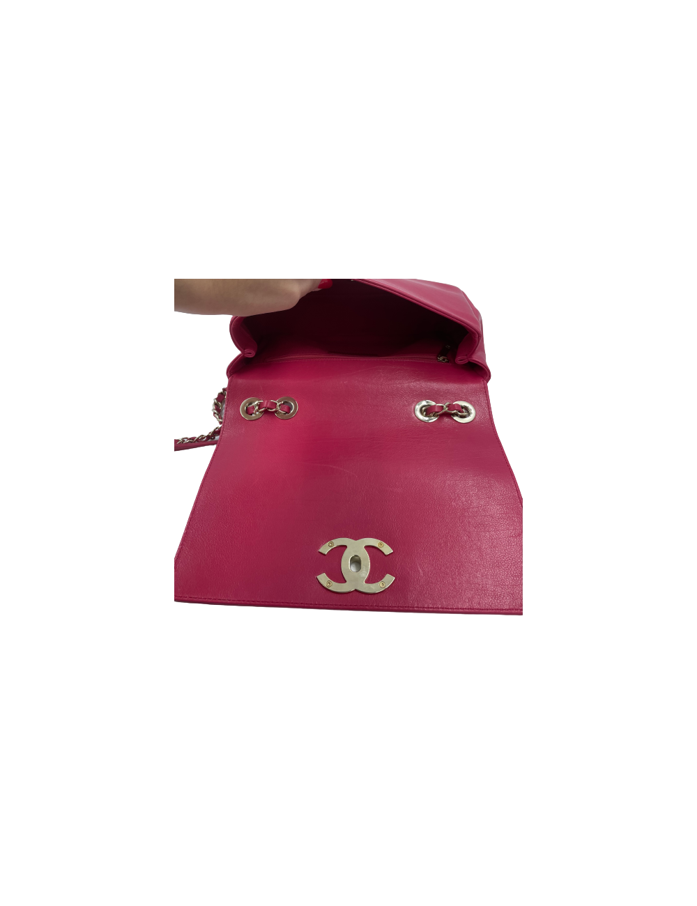 Sac CHANEL carré en cuir rose fushia liseré en python