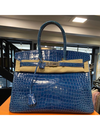 Birkin 35 HEMES crocodile Porosus bleu Mykonos 2