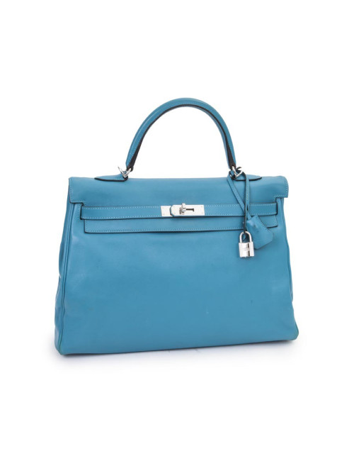 Sac HERMES Kelly II 35 en cuir de veau swift bleu izmir avec bandoulière