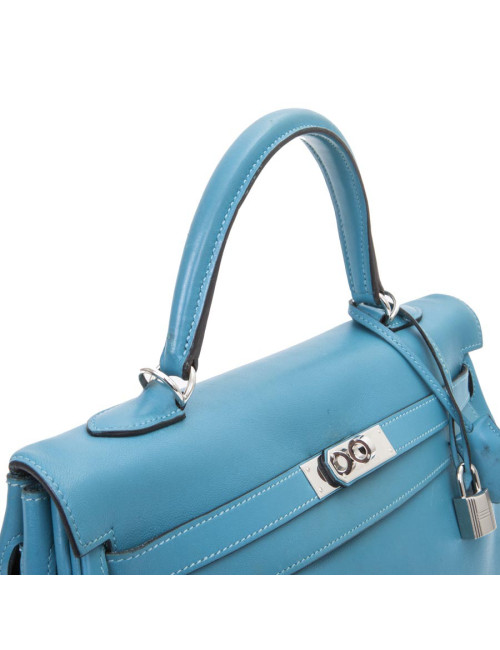 Sac HERMES Kelly II 35 en cuir de veau swift bleu izmir avec bandoulière