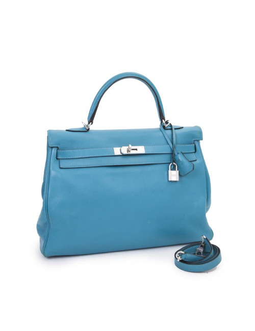 Sac HERMES Kelly II 35 en cuir de veau swift bleu izmir avec bandoulière