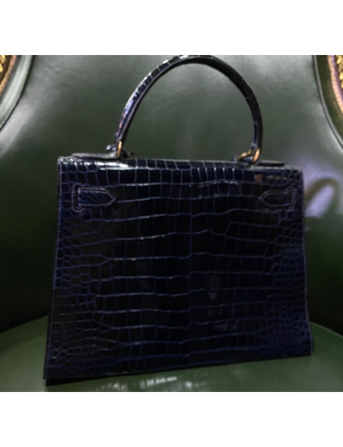 Kelly 28 HERMES crocodile porosus bleu nuit