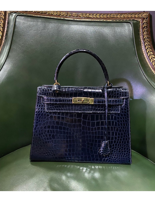 Kelly 28 HERMES crocodile porosus bleu nuit