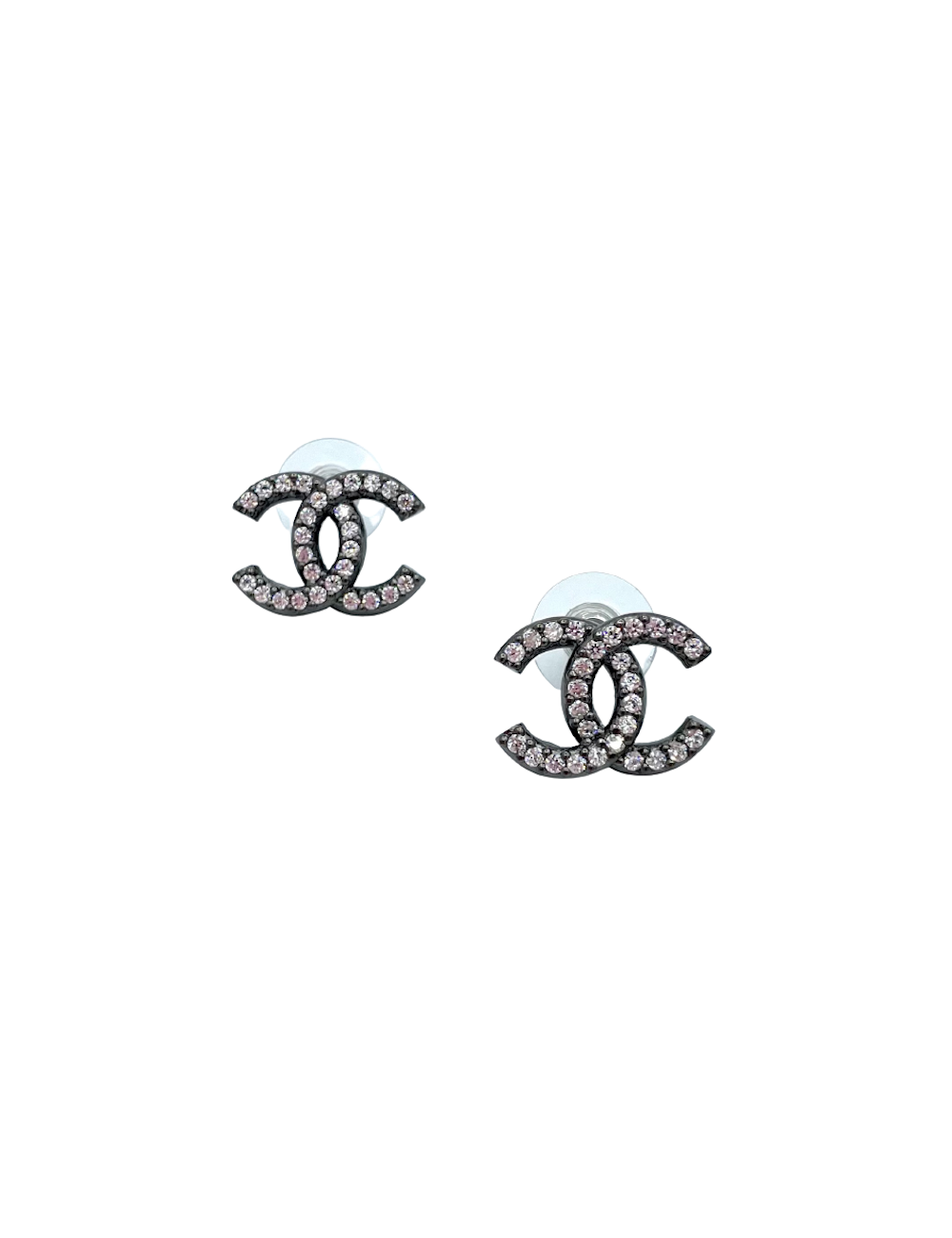 Boucles d'oreilles clous CC strass et ruthenium