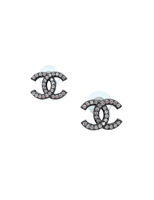 Boucles d'oreilles clous CC strass et ruthenium