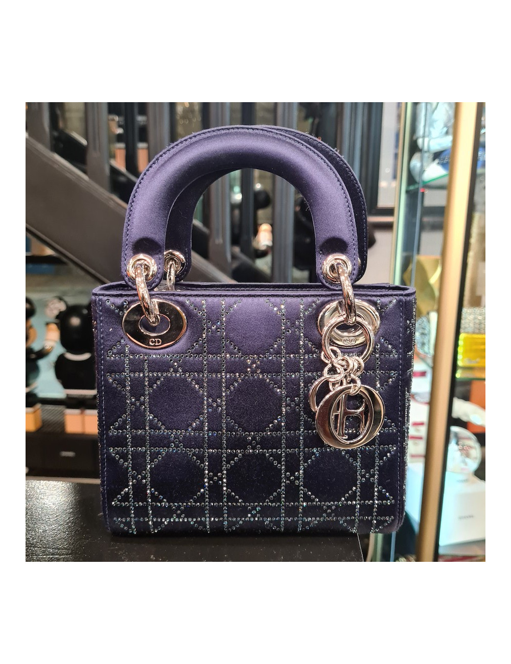 Mini Lady Dior satin bleu cannage strass