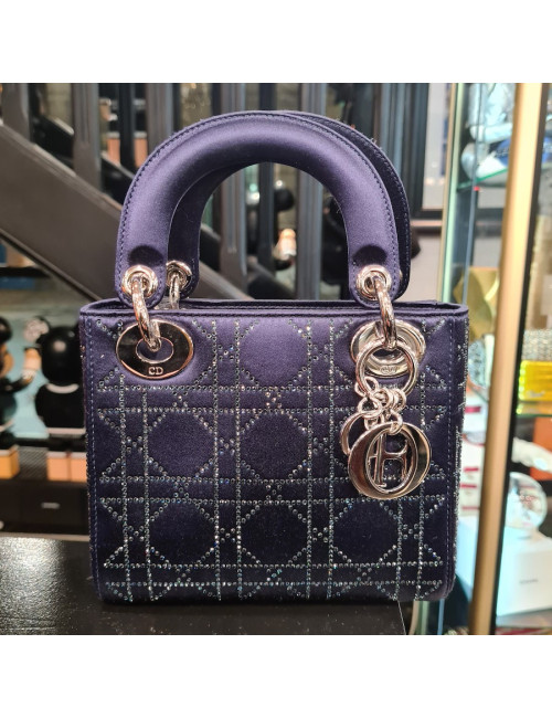 Mini Lady Dior satin bleu cannage strass