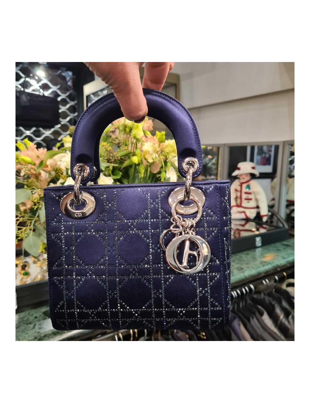 Mini Lady Dior satin bleu cannage strass