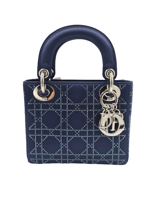 Mini Lady Dior satin bleu cannage strass