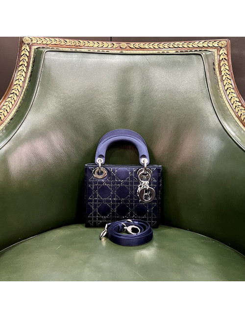Mini Lady Dior satin bleu cannage strass