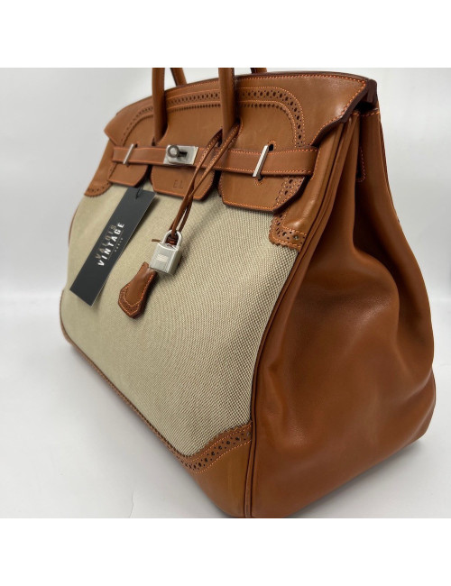 Birkin Ghillies 40 toile et cuir barenia gold