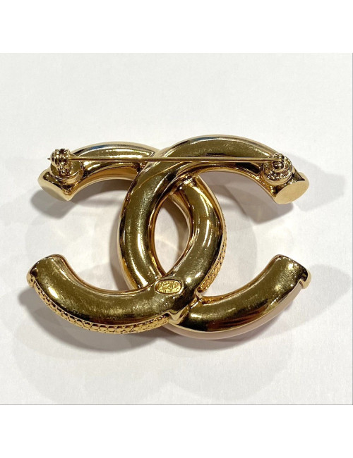 Broche CHANEL dorée corail strass