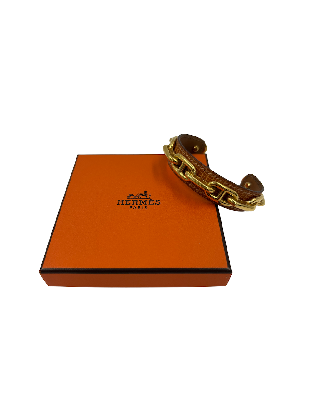 Bracelet HERMES cuir et chaine d'ancre doré