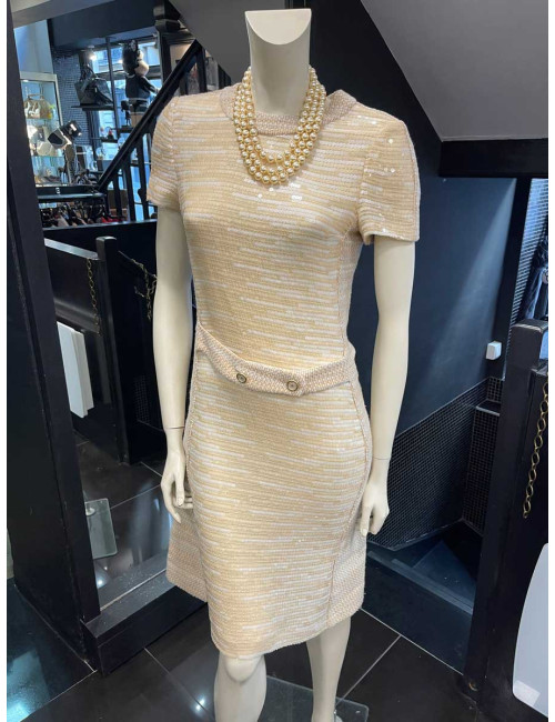 Robe CHANEL tweed et sequins beige