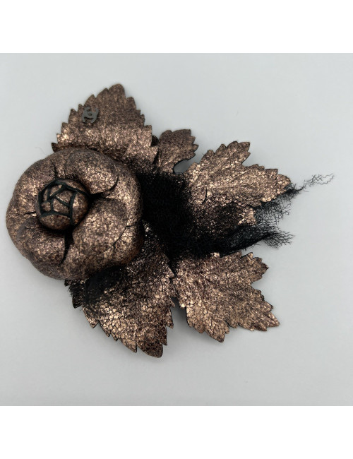 CHANEL Camellia Brooch in Moiré Leather - Superb Authentic Occasion