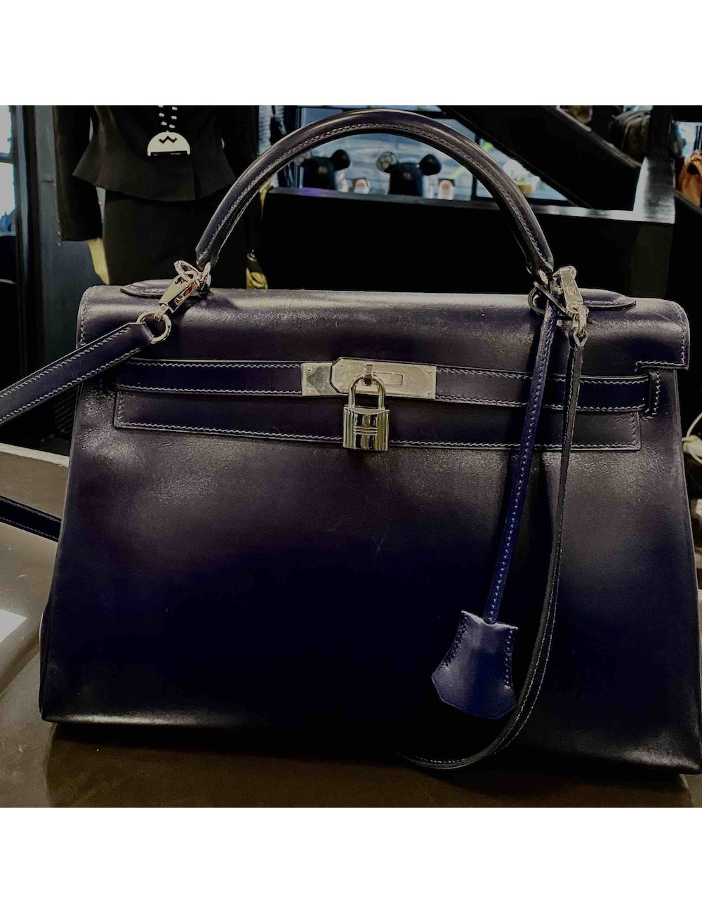 Sac à main Kelly  II 32 HERMES box bleu nuit