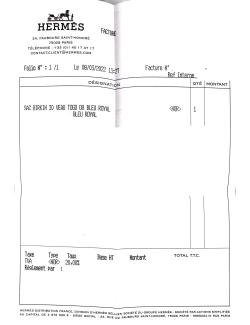 Sac Birkin 30 veau togo bleu royal