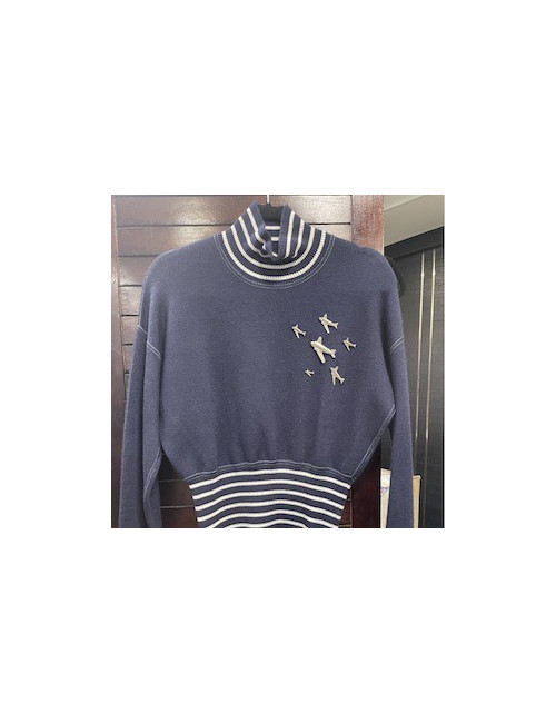 Pull "Airlines" CHANEL bleu marine et rayé blanc