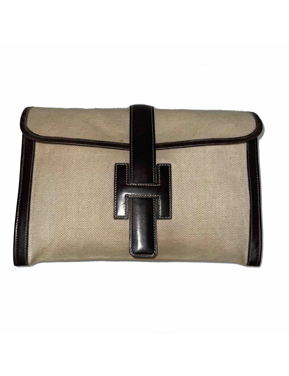 Pochette Jige HERMES toile cuir marron Vintage