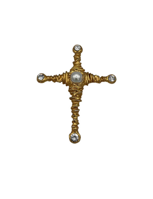 Broche vintage CHRISTIAN LACROIX dorée strass et perle
