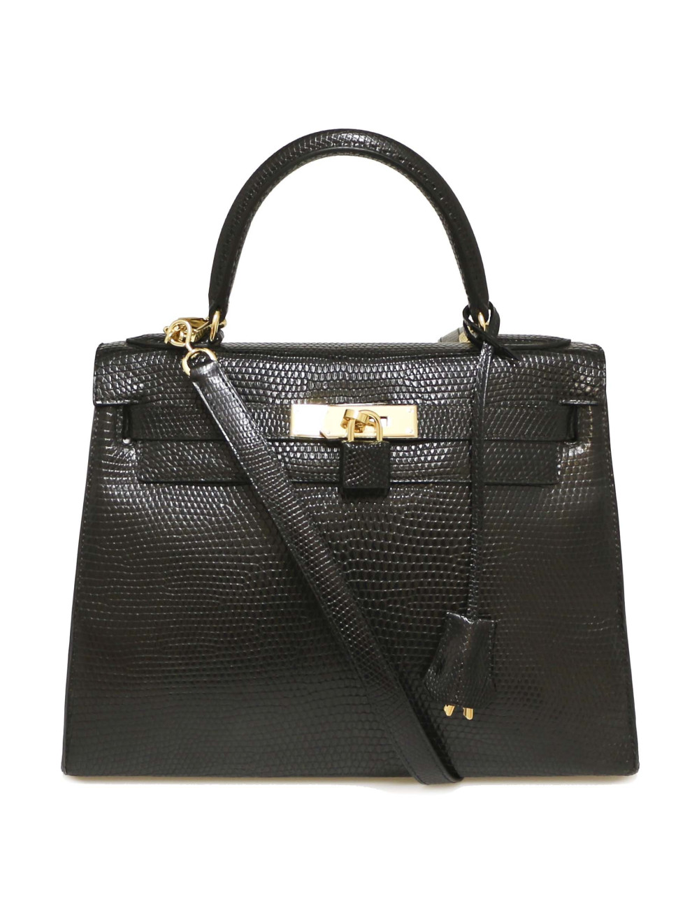 Sac à main Kelly 32 HERMES lezard Varan du Nil noir