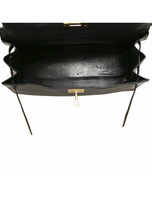 Sac à main Kelly 32 HERMES lezard Varan du Nil noir