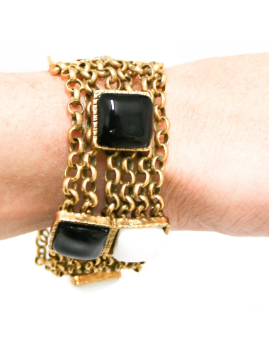 Bracelet MARGUERITE DE VALOIS Cabochons  pâte de verre blanche et noire 2