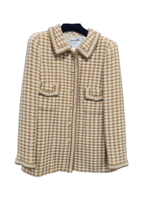 Veste T44 chanel laine alpaga et mohair pied de poule beige et marron clair