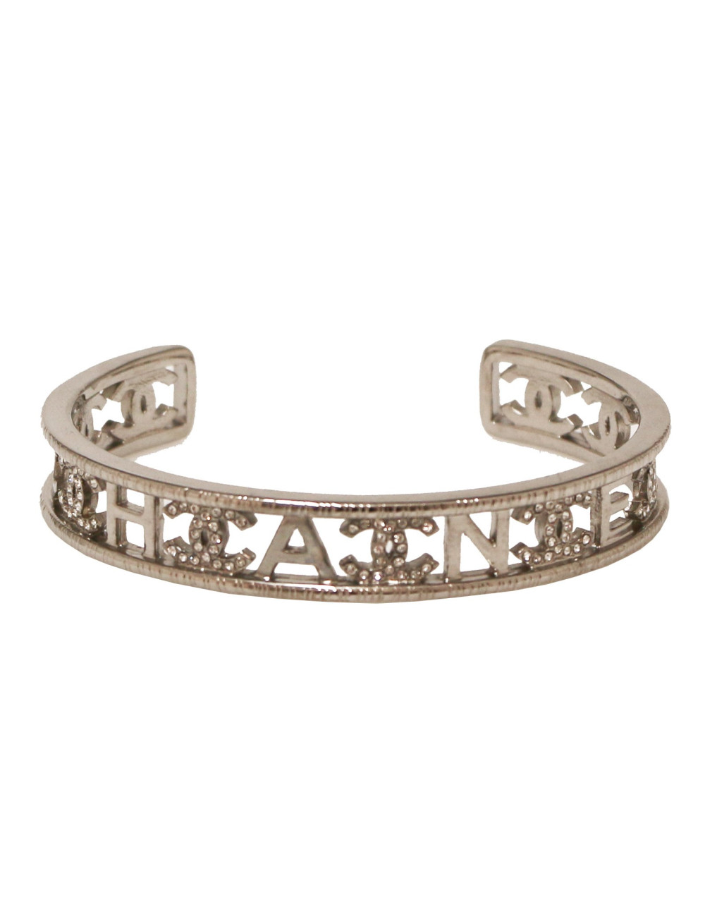 Bracelet CHANEL rigide argent palladié strass