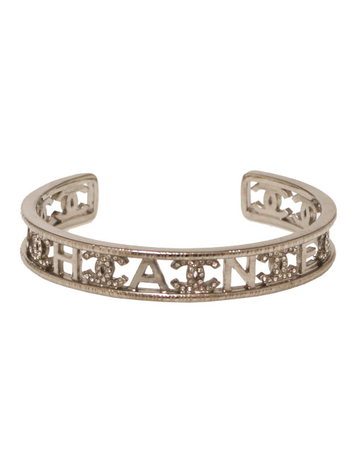 Bracelet CHANEL rigide argent palladié strass