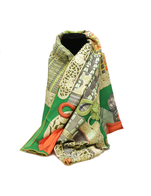 Châle HERMES Parures de Samouraïs en cachemire et soie vert