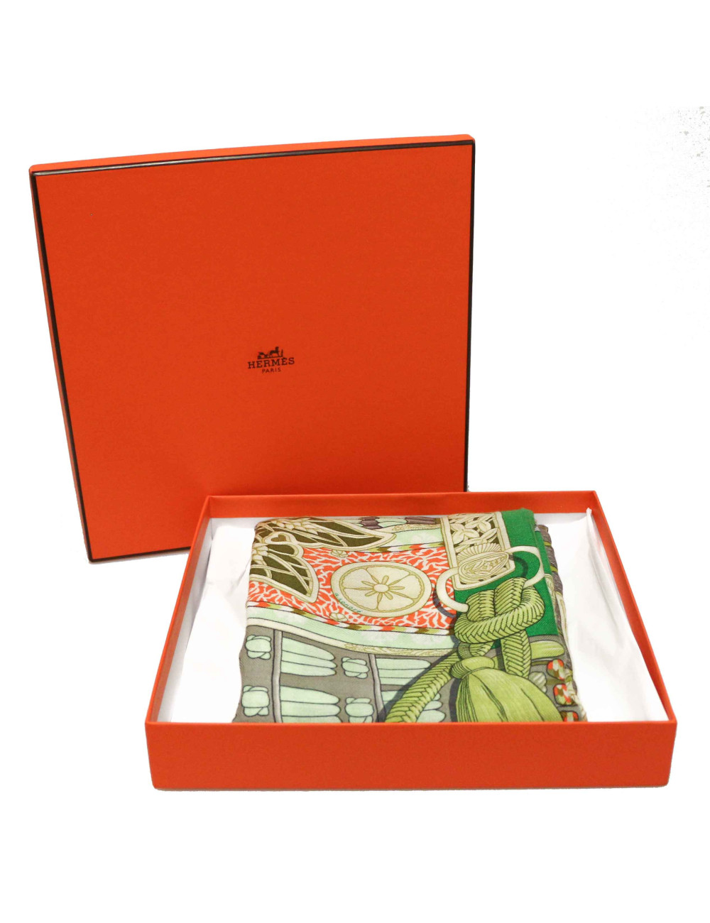 Châle HERMES Parures de Samouraïs en cachemire et soie vert