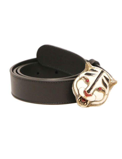 Ceinture GUCCI T95 en cuir noir et tête de tigre