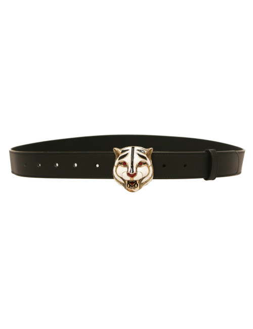 Ceinture GUCCI T95 en cuir noir et tête de tigre