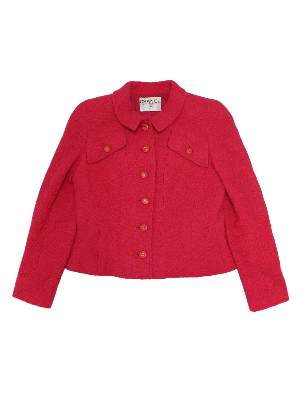 Veste T 36 CHANEL en tweed rose avec boutons avec inscription doré