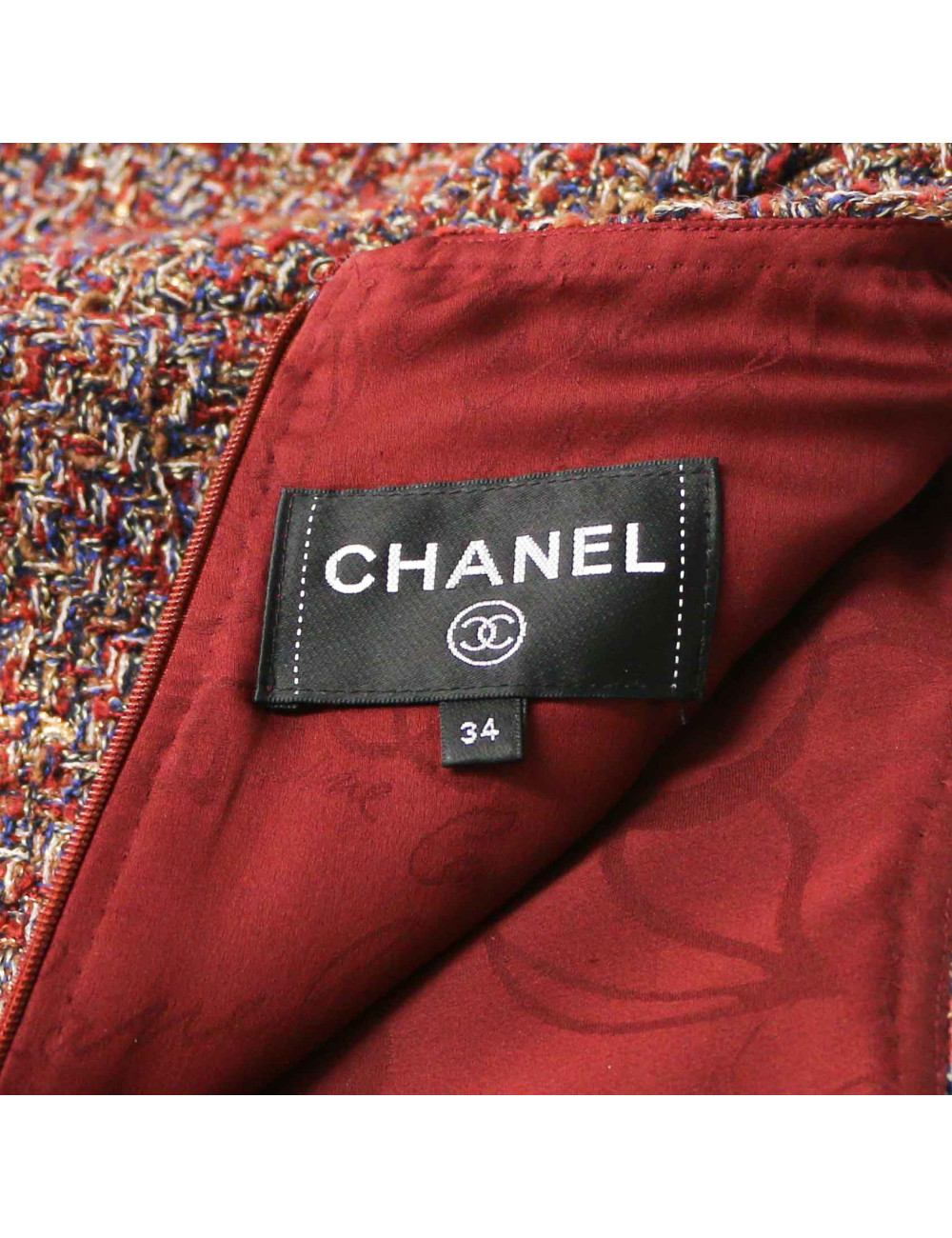 Robe tweed CHANEL T34 bordeaux, or