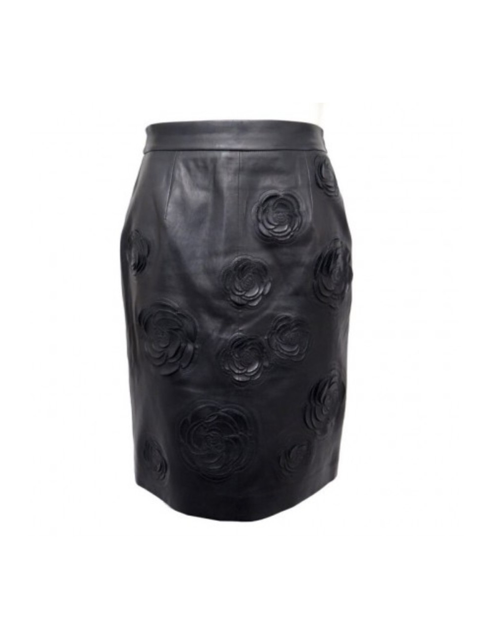 Jupe CHANEL T 40 cuir camélias noirs