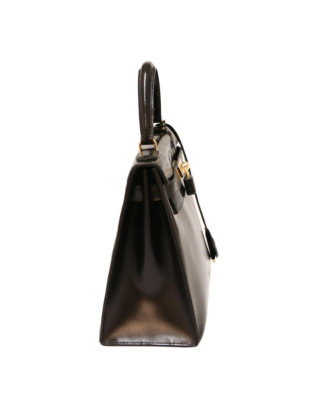 HERMES Kelly 28 Vintage black Box leather and crocodile